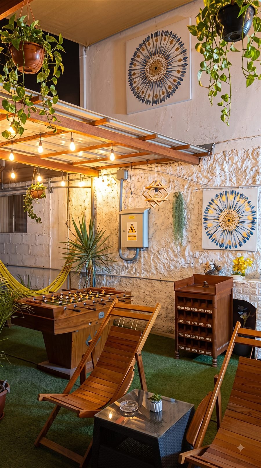 Terraza y zona de juegos del hotel con futbolín, hamaca y plantas